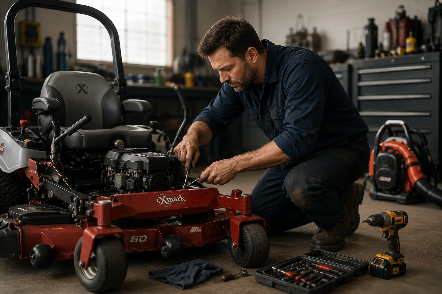 Man repairing lawn mower in workshop